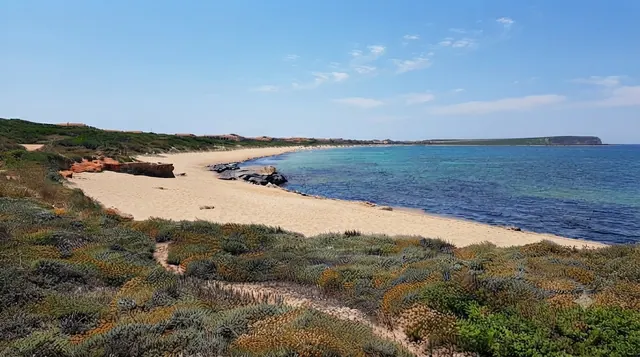 Sa Rocca Tunda, San Vero Milis — lunga spiaggia di sabbia chiara con mare turchese trasparente, roccia arenaria rossa in primo piano e macchia mediterranea sulle dune