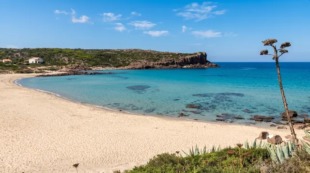 Spiaggia Grande, Calasetta — mezzaluna di sabbia chiara con acqua turchese e promontorio roccioso di macchia mediterranea