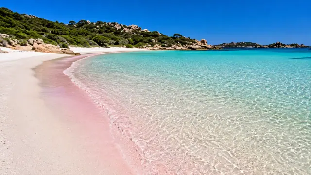 Spiaggia Rosa, Budelli (La Maddalena) — battigia di sabbia rosa pallido con acqua turchese trasparente e macchia mediterranea sullo sfondo
